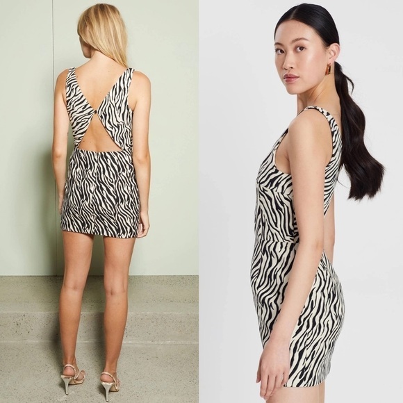 BEC BRIDGE 90s Zebra Stripe Square Neck Sleeveless Cutout Open Back Mini Dress 6 - Picture 6 of 13